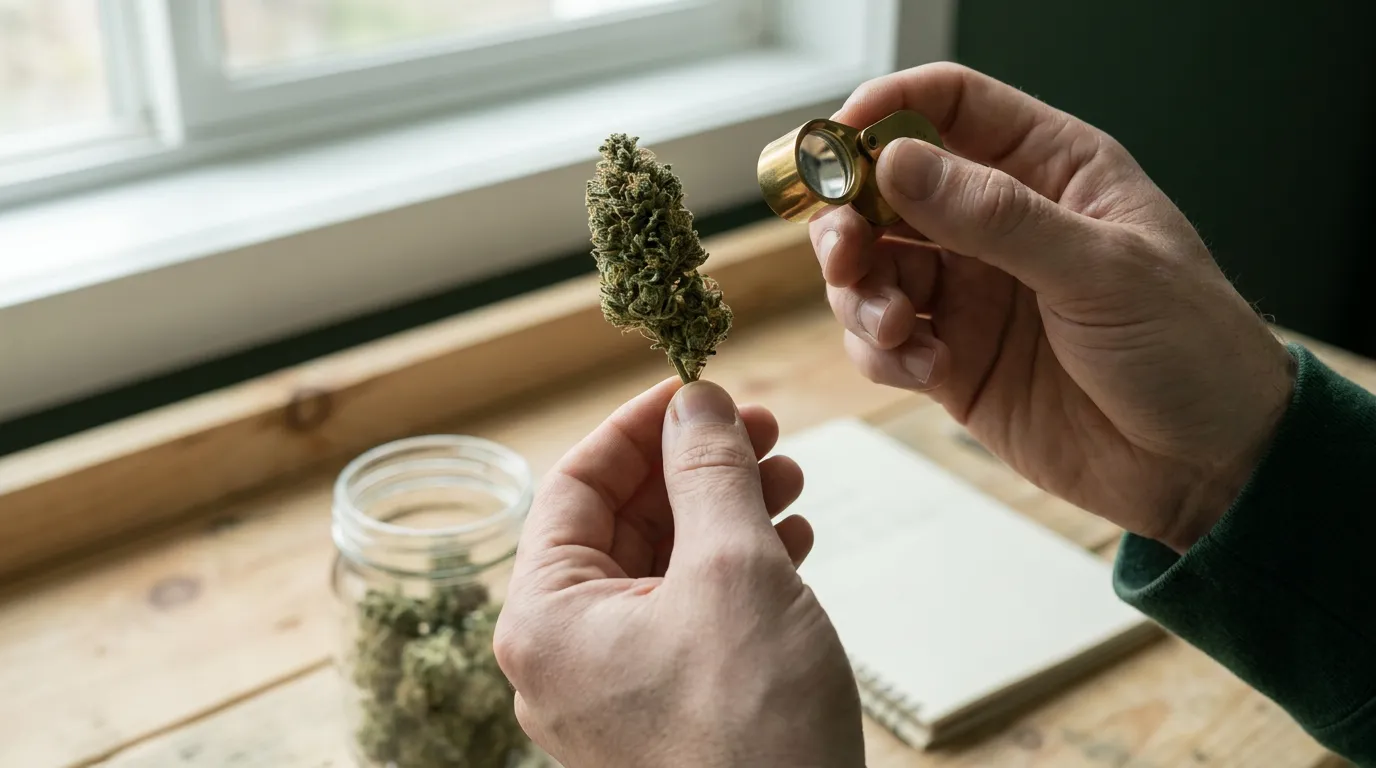 A hand inspects a dried flower through a loupe by the window.