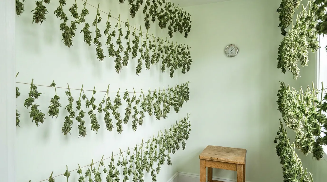 Flowers drying slowly on lines in a clean room.